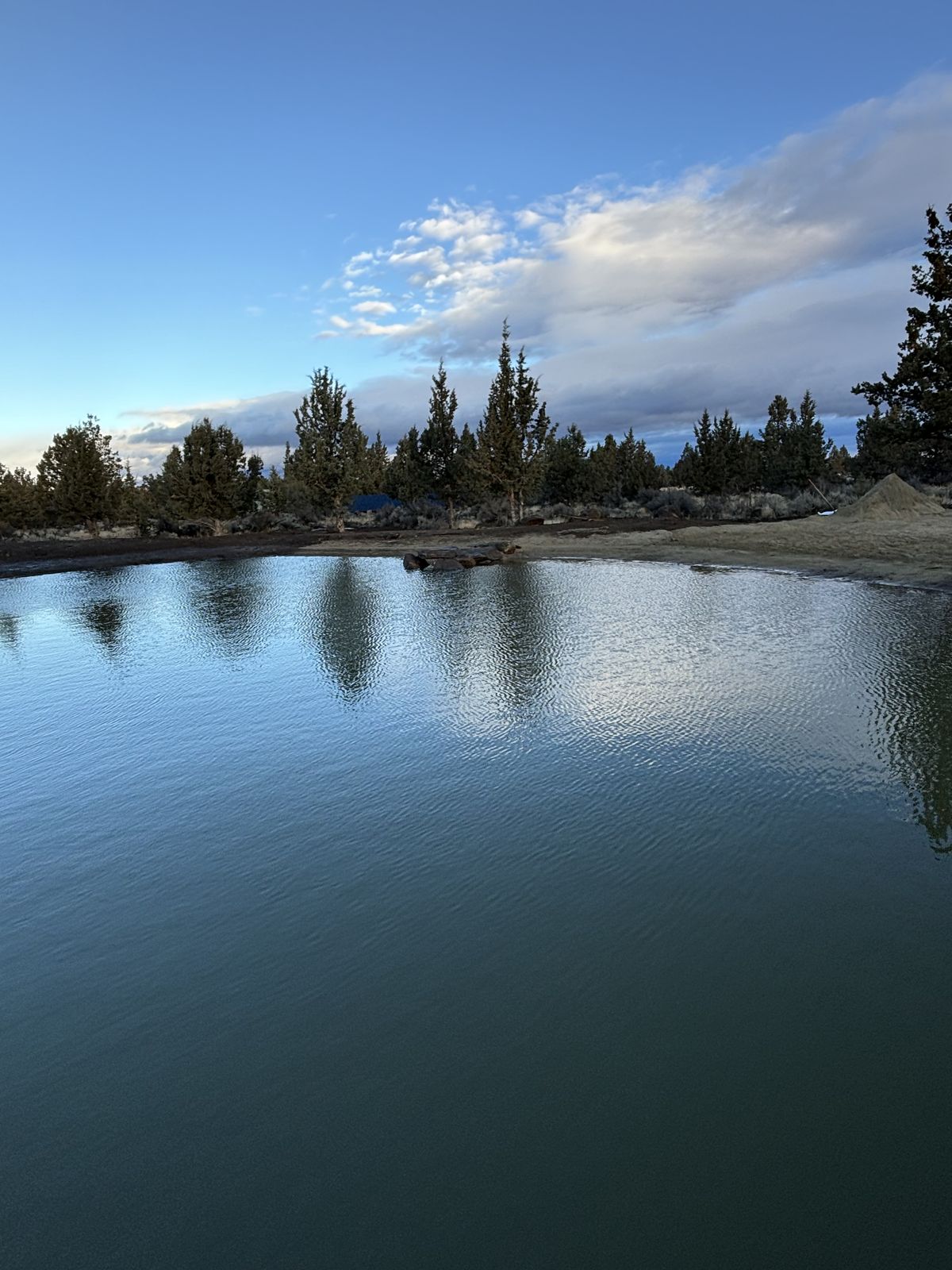 Tranquil lake reflecting trees and clouds